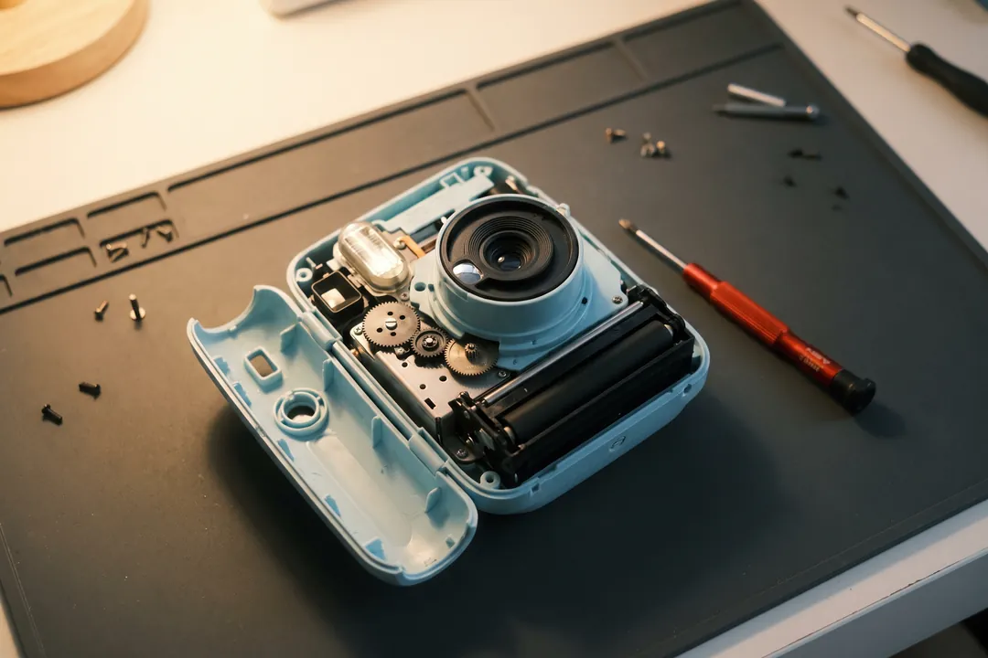 Розкрита моментальна камера Instax: об’єктив, шестерні й ролик виходу знімка